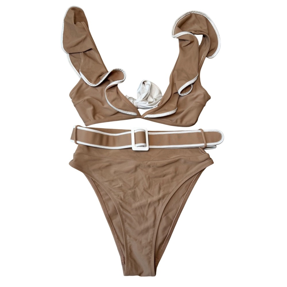Shani Shemer Two Piece Bikini Set Belted High Waist Bottoms Ruffle Top Size S